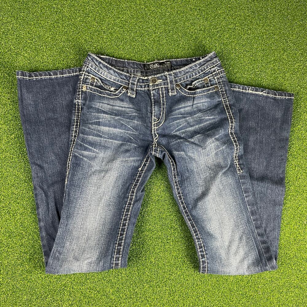Y2K Cello Jeans Blue Medium Wash Denim Studded Low Rise Bootcut Jeans Sz 7